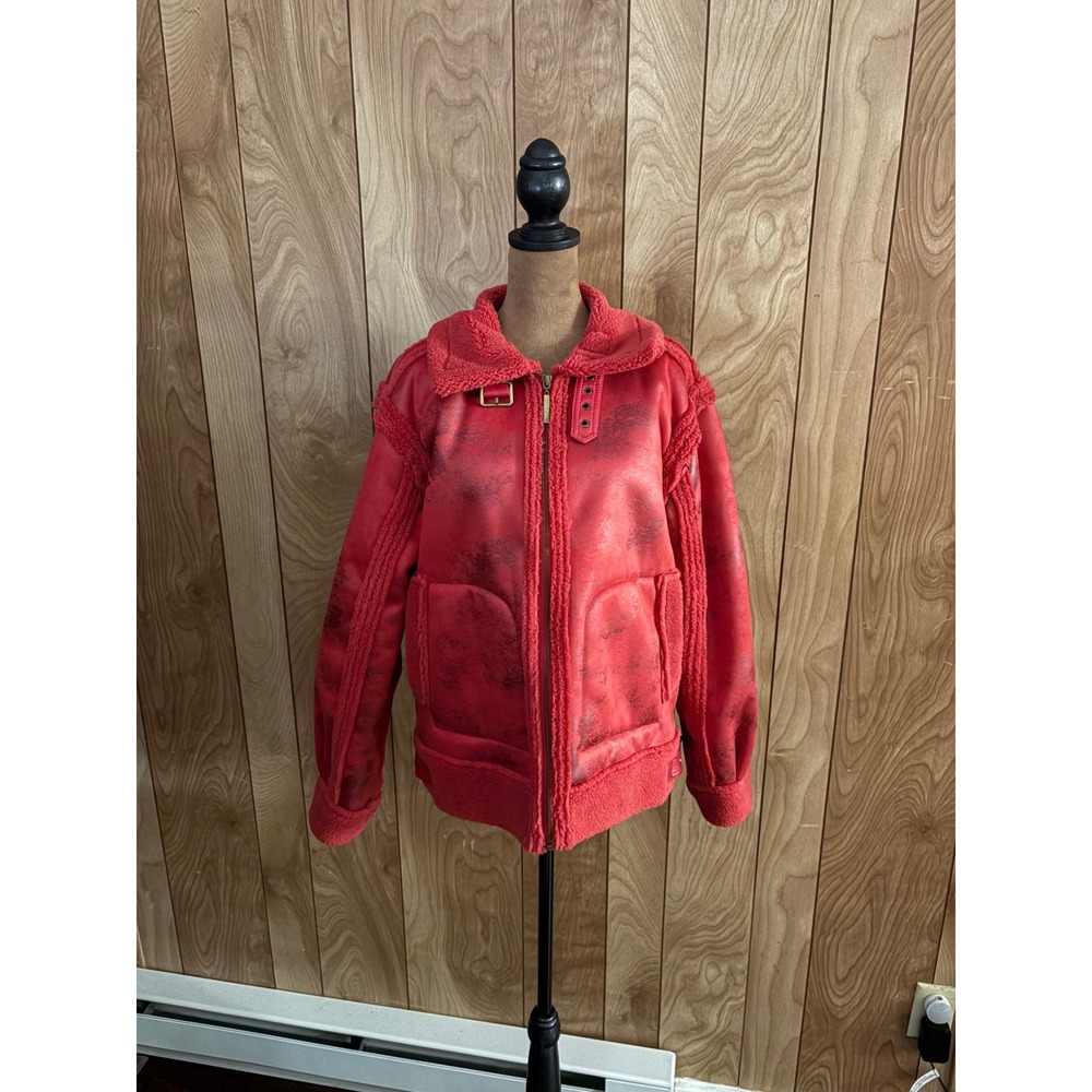 G by Giuliana Black Label Red Faux Shearling Moto Jacket S Aviator Distressed